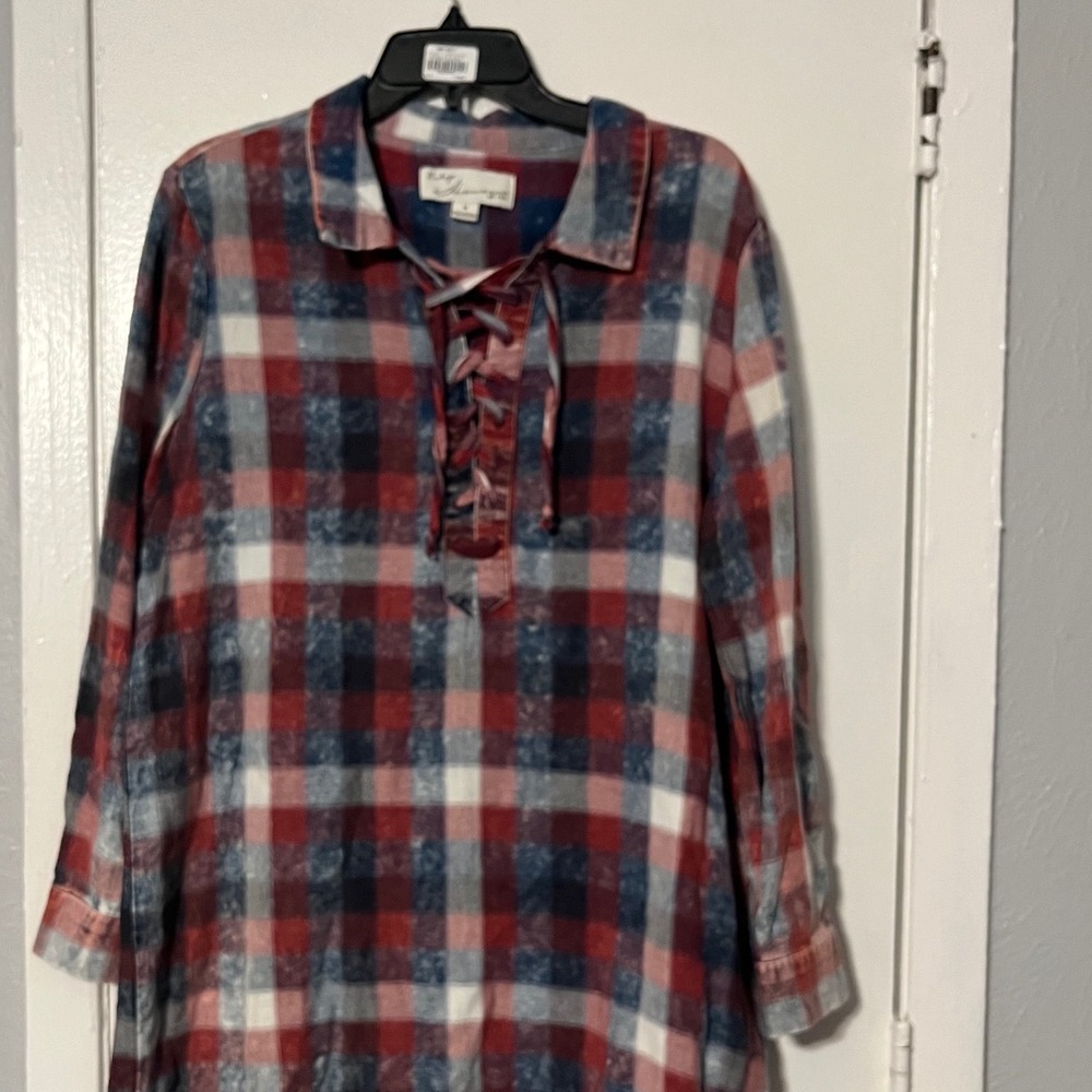 Vintage Havana Plaid Lace Up Shirt Dress Red White Blue Distressed CC3628 M